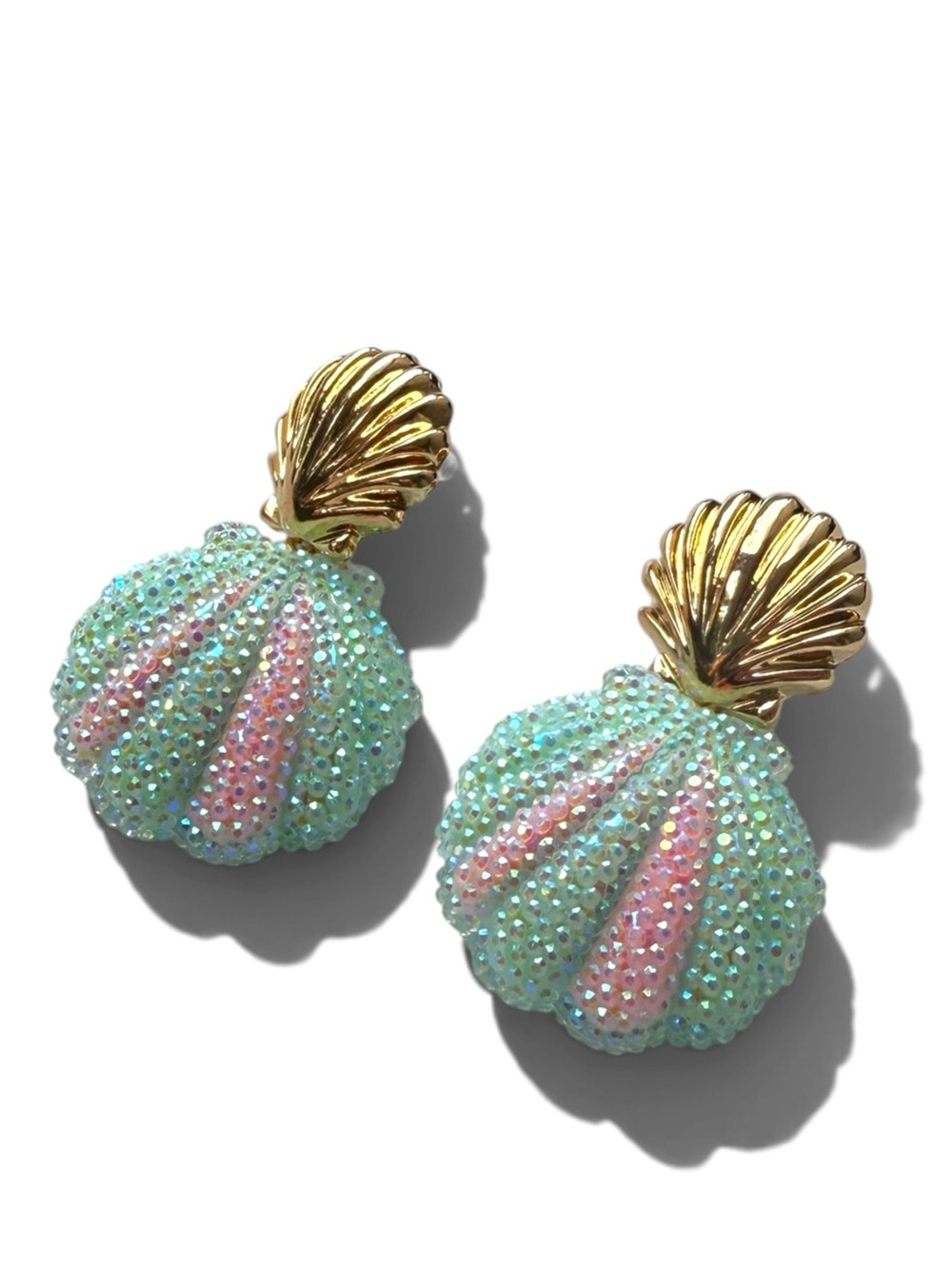 Gold Shell Drop Earrings with Iridescent Mint and Pink Beads